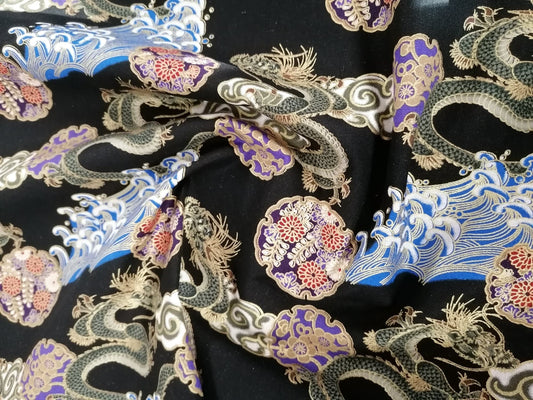 100% Cotton - Dragons - Black/Blue/Purple/Gold - 58" Wide - Sold By the Metre