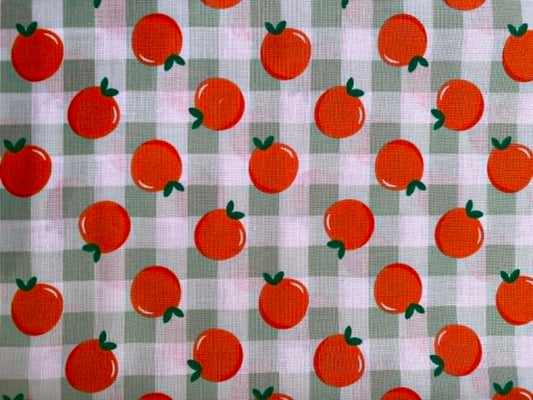 Sage Green Gingham & Orange 100% Cotton Fabric - Citrus Fruit - 44" Wide By The Metre
