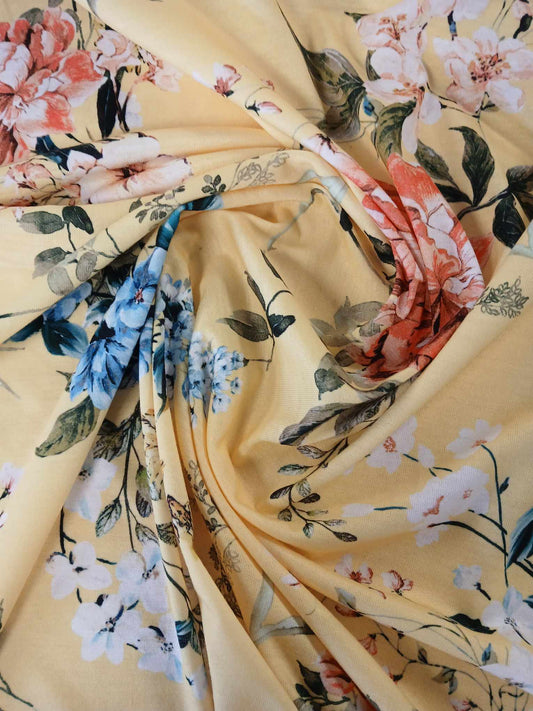 Poly Lycra Jersey - Floral - Yellow/Peach/Blue - 60" Wide - Sold By the Metre