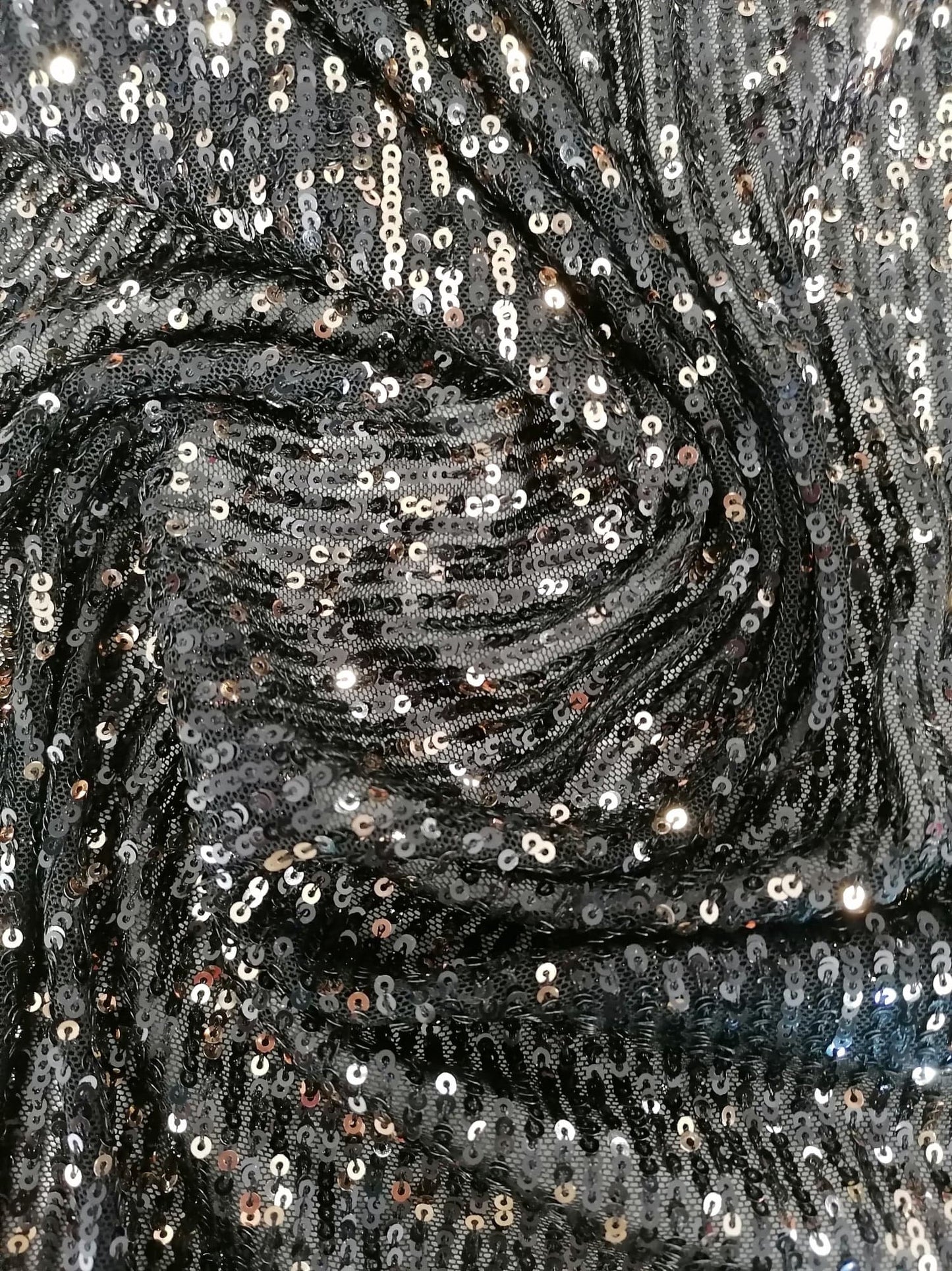 Sequins on Power Mesh - Black/Gold - 55" Wide - Sold By the Metre