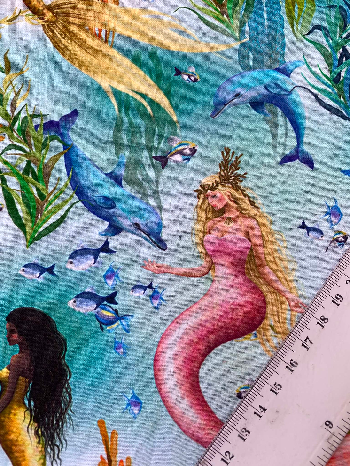 Magical Underwater Mermaid 100% Cotton Fabric - Ocean Dolphin & Sea Turtle - 44" Wide By The Metre