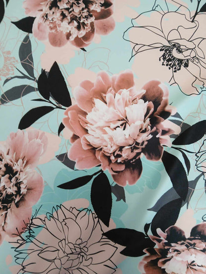 Scuba - Floral - Mint Green/Beige/Black - 58" Wide - Sold By the Metre