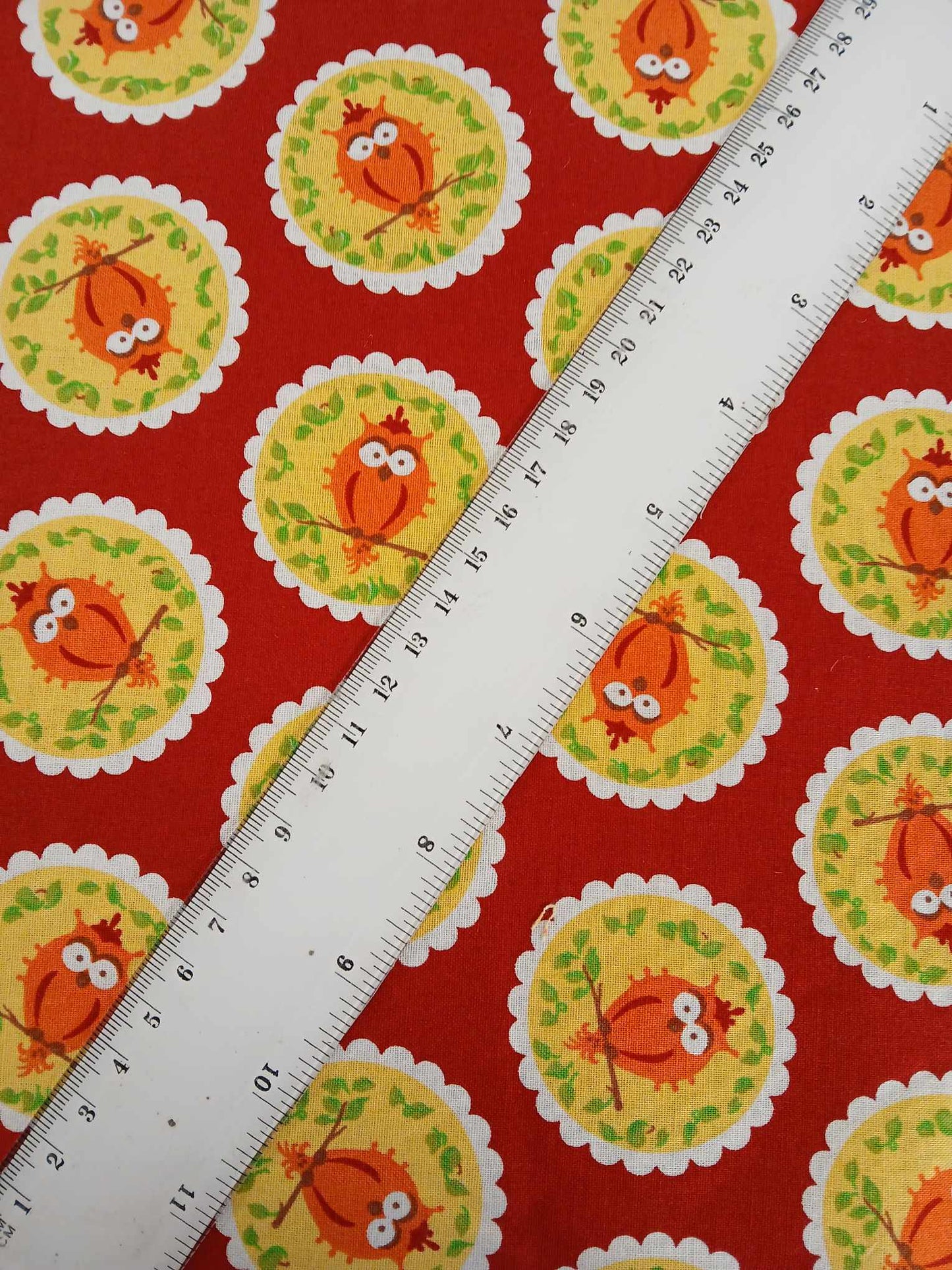 100% Cotton - Owls - Red/Orange/Yellow/White - 51" Wide - Sold By the Metre