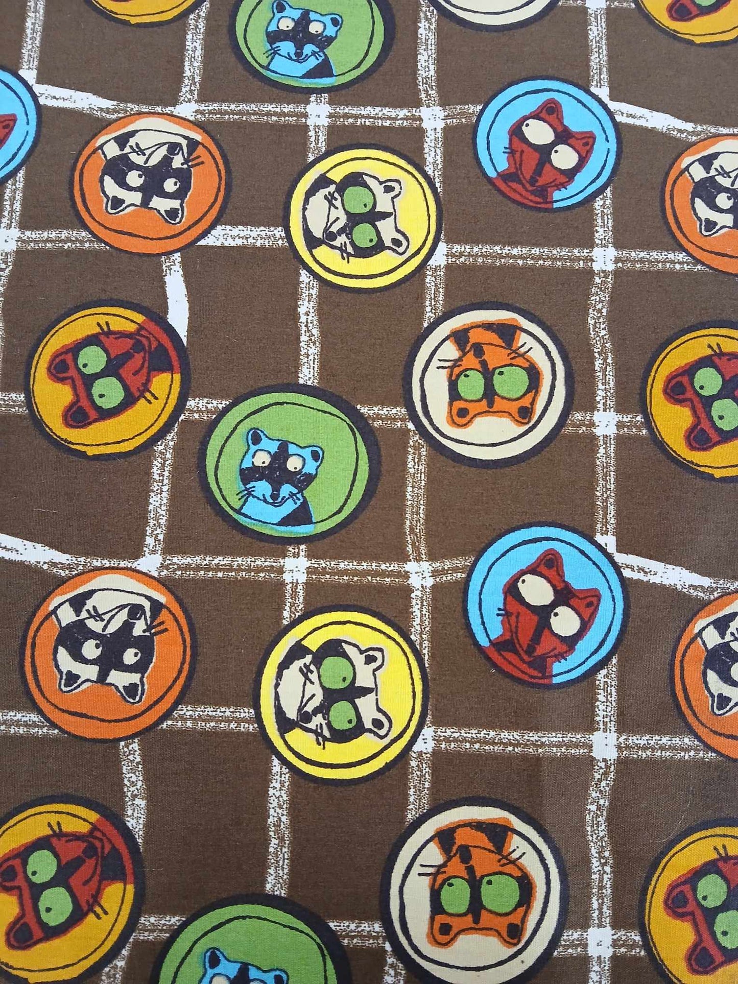 100% Cotton - Raccoons - Brown/Cream/Blue/Green/Orange - 56" Wide - Sold By the Metre