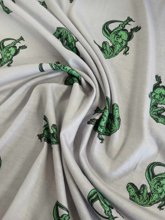 Spun Poly Jersey - Dinosaurs - Grey/Green - 60" Wide - Sold By the Metre