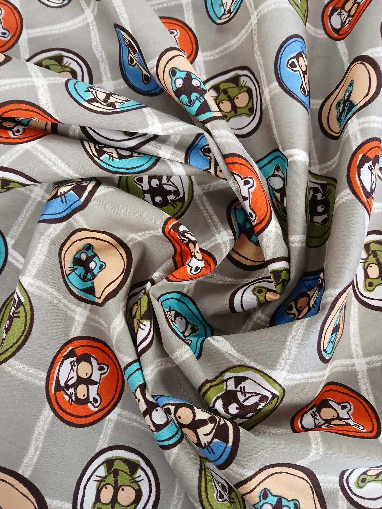 100% Cotton - Raccoons - Grey/Blue/White/Green/Orange - 56" Wide - Sold By the Metre