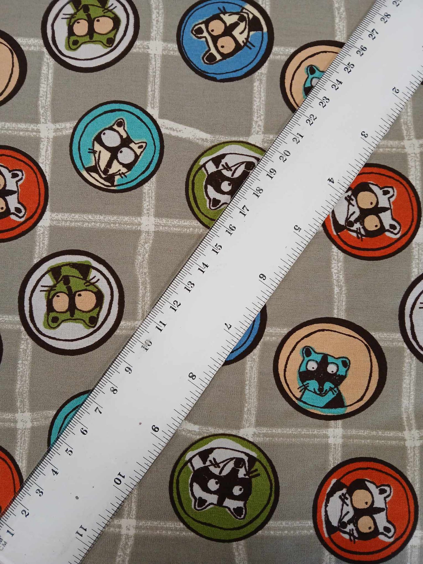 100% Cotton - Raccoons - Grey/Blue/White/Green/Orange - 56" Wide - Sold By the Metre