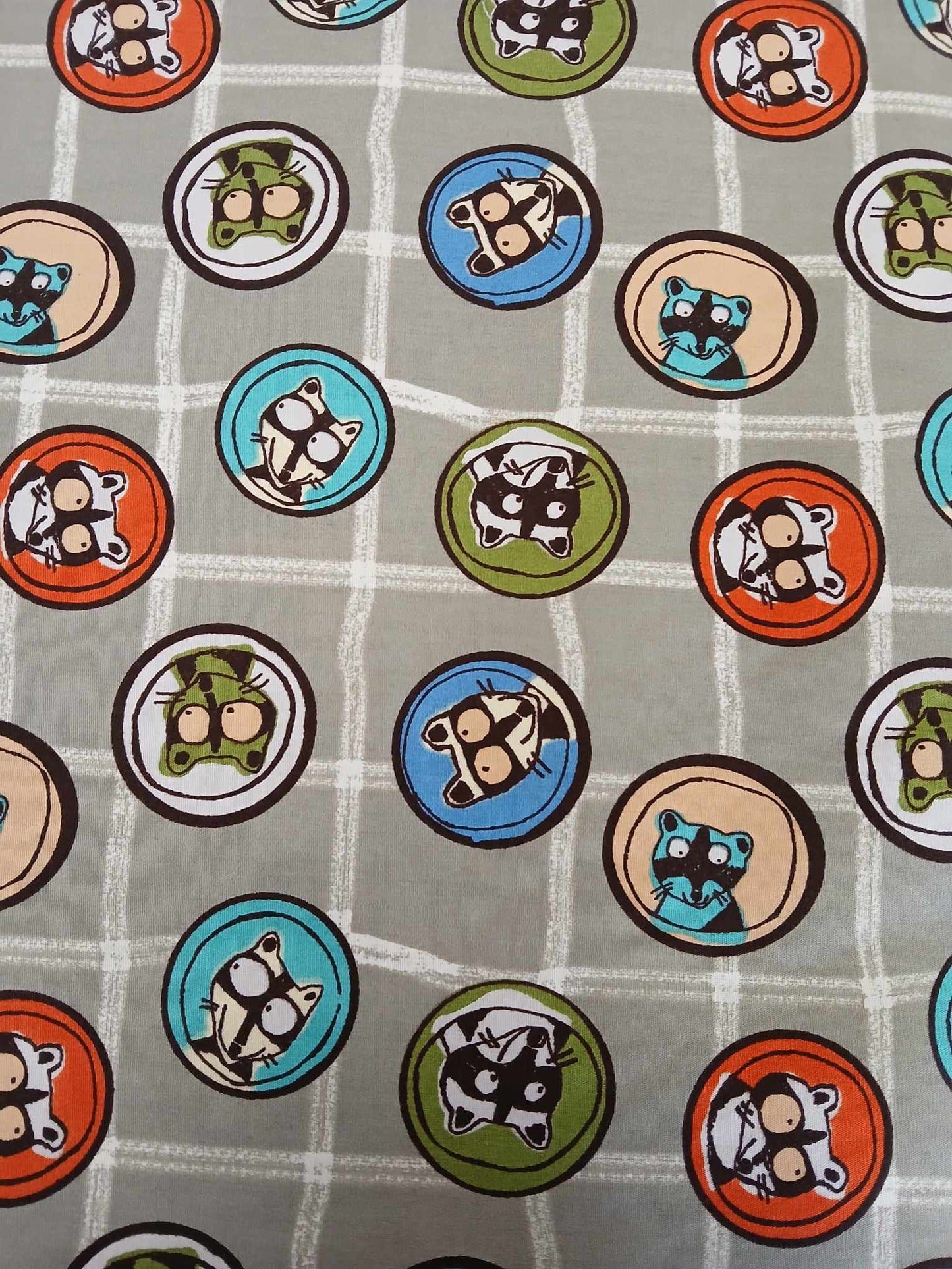 100% Cotton - Raccoons - Grey/Blue/White/Green/Orange - 56" Wide - Sold By the Metre