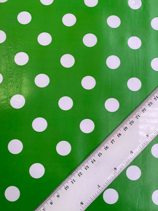 Green & White Polka Dot PU Table Covering - 55" Wide - Wipe Clean - Water Resistant - £1.99/m