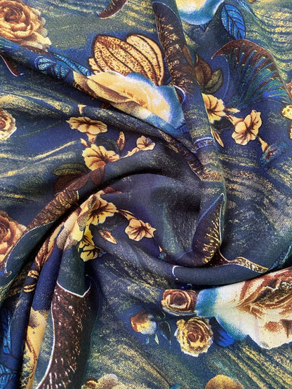 Viscose - Navy/Green/Cream/Brown - 57" Wide - Sold By The Metre