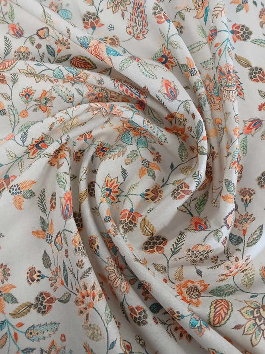 Cotton Lawn - Putty/Orange/Turquoise - 55" Wide - Sold By The Metre