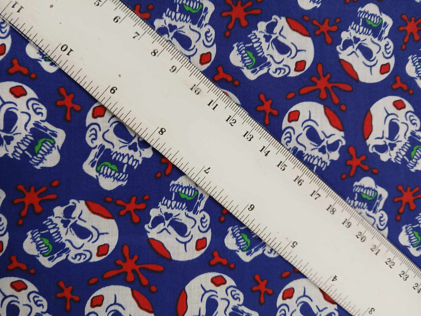 Poly Cotton - Mr Dead Funny - Blue/White/Red - 44" Wide - Sold By The Metre