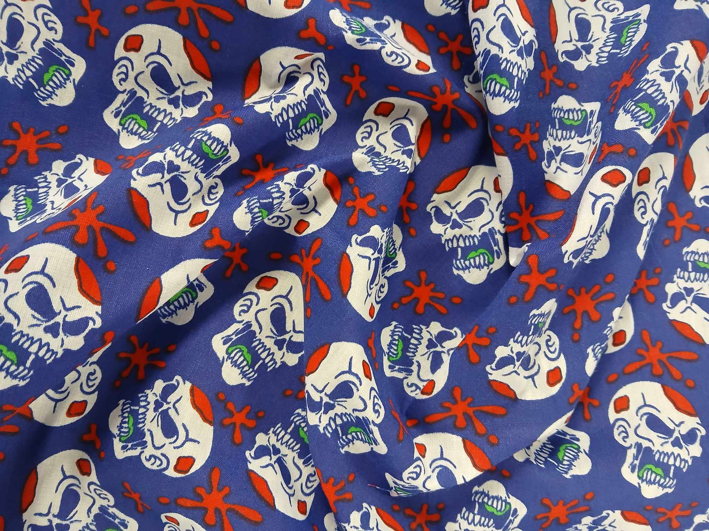 Poly Cotton - Mr Dead Funny - Blue/White/Red - 44" Wide - Sold By The Metre