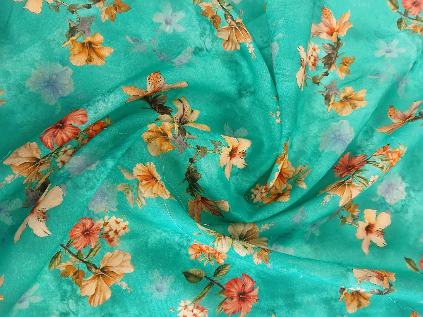 Cotton Lawn - Turquoise/Orange/Yellow/Cream - 55" Wide - Sold By The Metre