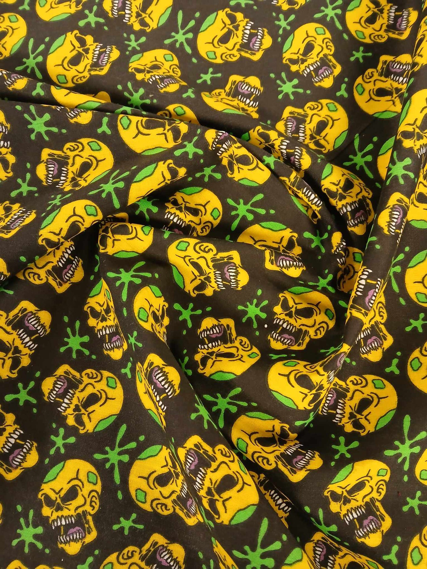 Poly Cotton - Mr Dead Funny - Black/Yellow/Green - 44" Wide - Sold By The Metre