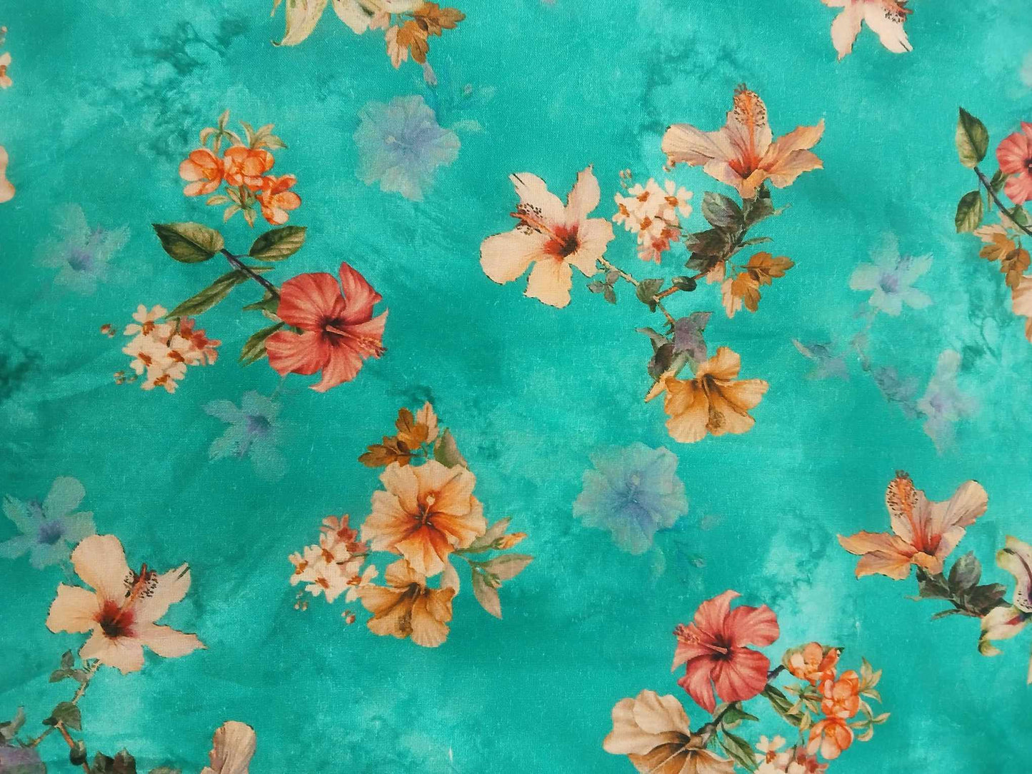 Cotton Lawn - Turquoise/Orange/Yellow/Cream - 55" Wide - Sold By The Metre