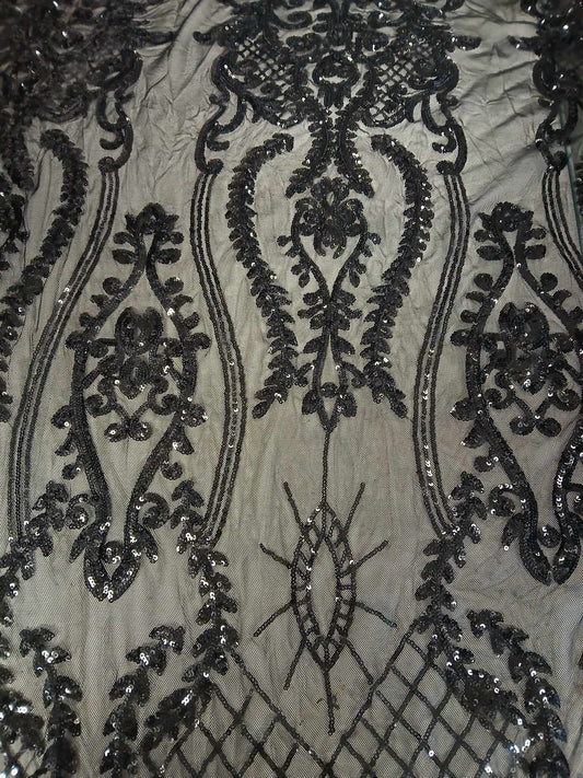 Double Bordered Lace w/ Sequins - Black - 47" Wide - Sold By the Metre