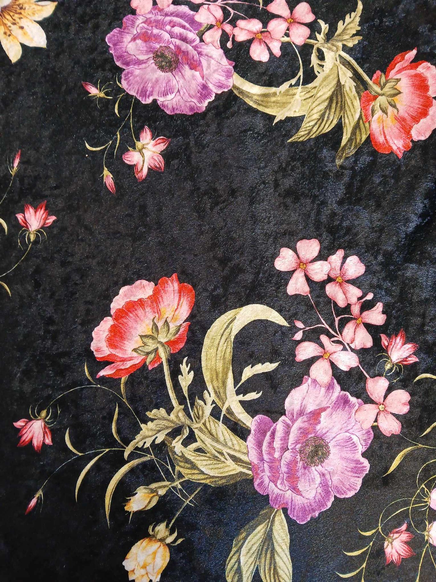 Velvet - Digital Floral - Black/Pink/Purple/Green - 61" Wide - Sold By The Metre