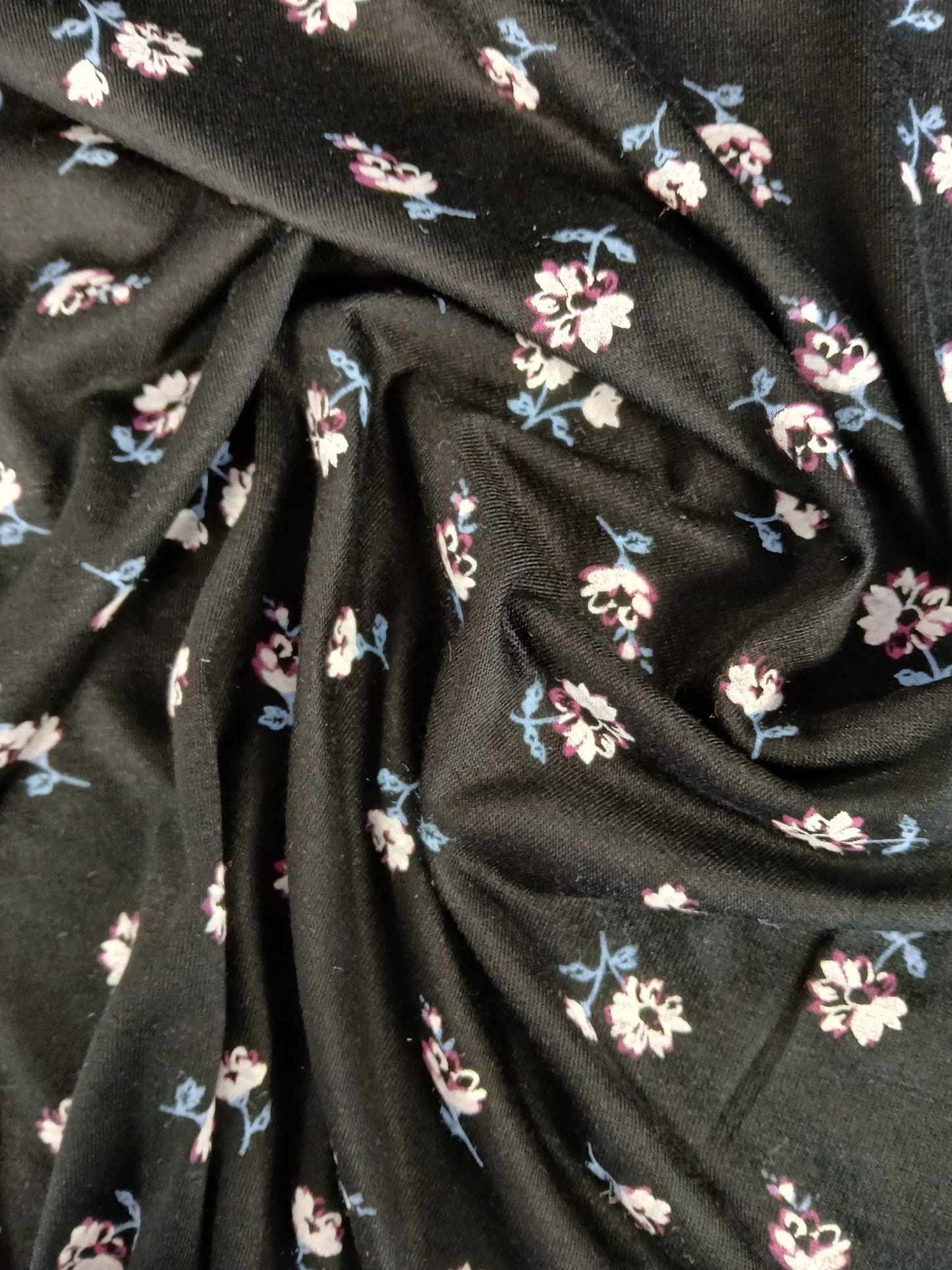 Viscose Lycra - Floral - Black/White/Blue - 62" Wide - Sold By The Metre