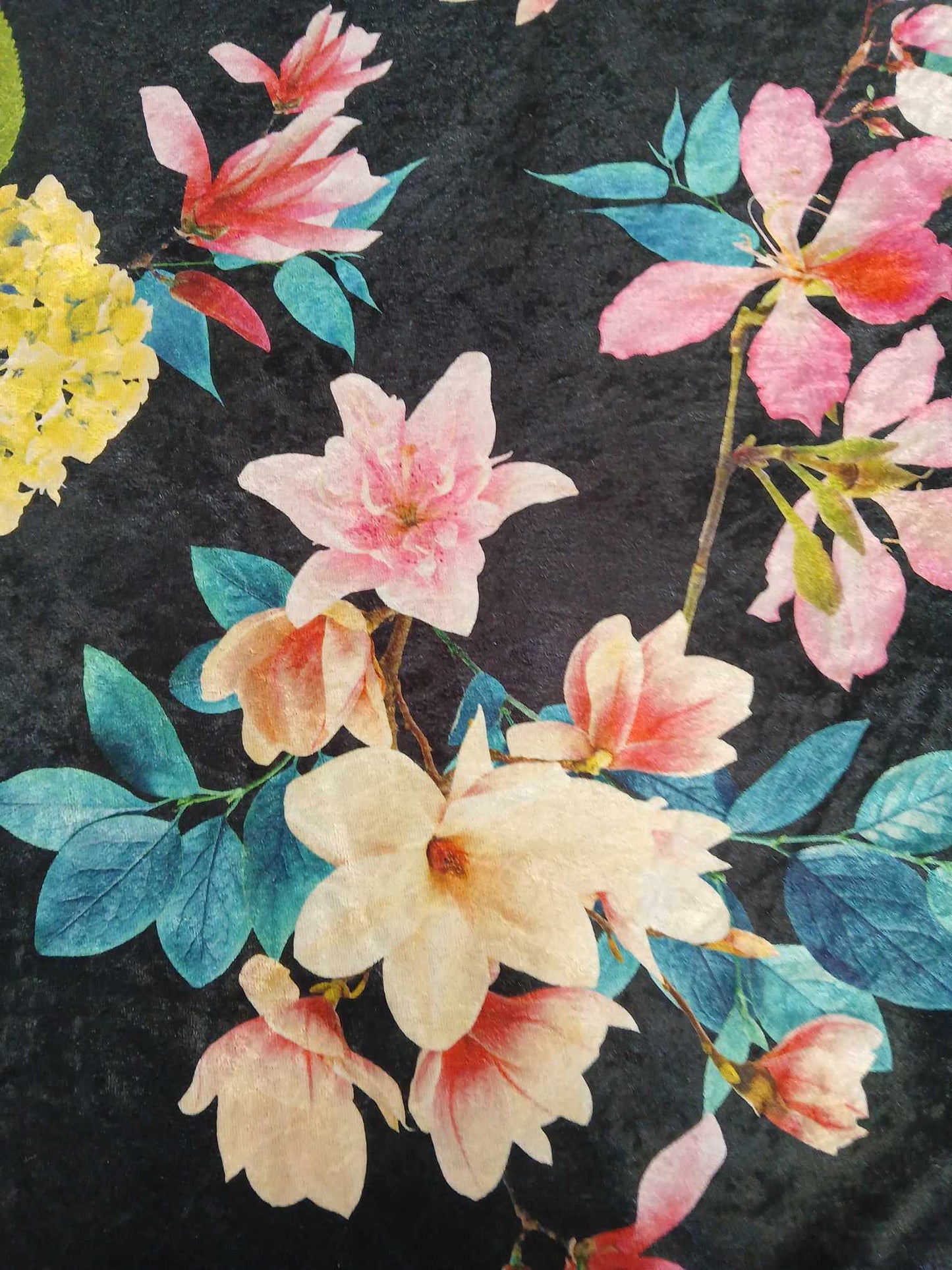 Velvet - Digital Floral - Black/Pink/Yellow/Turquoise - 61" Wide - Sold By The Metre