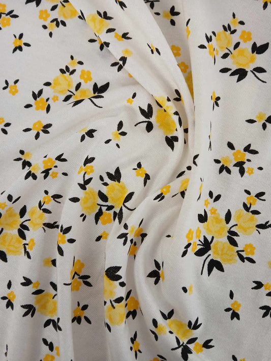 Viscose Lycra - Floral - White/Yellow/Black - 62" Wide - Sold By The Metre