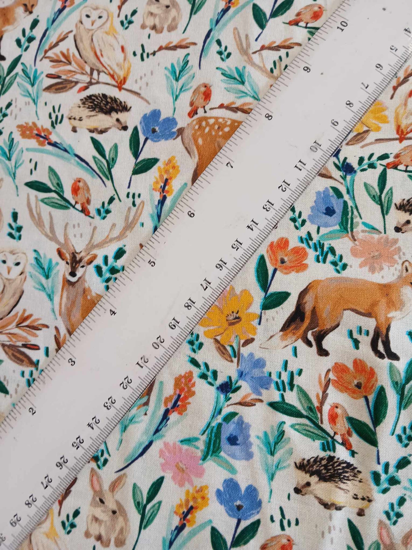 100% Cotton - Woodland Animals - Green/Brown/Yellow/Blue - 44" Wide - Sold By The Metre