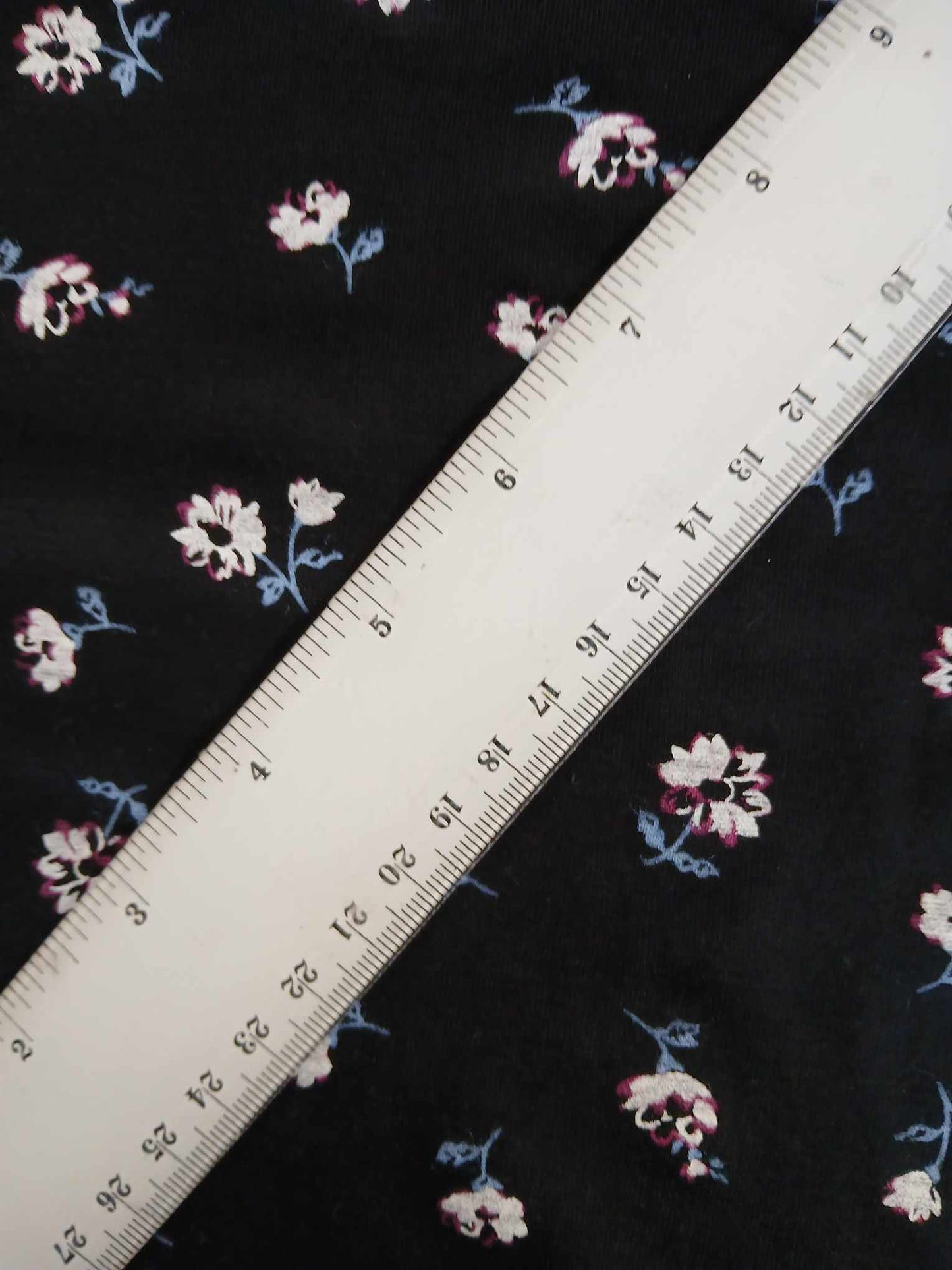 Viscose Lycra - Floral - Black/White/Blue - 62" Wide - Sold By The Metre