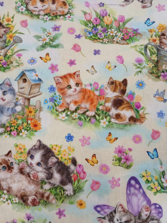 100% Cotton - Kittens - Yellow/Blue/Purple/Brown/Green - 44" Wide - Sold By The Metre