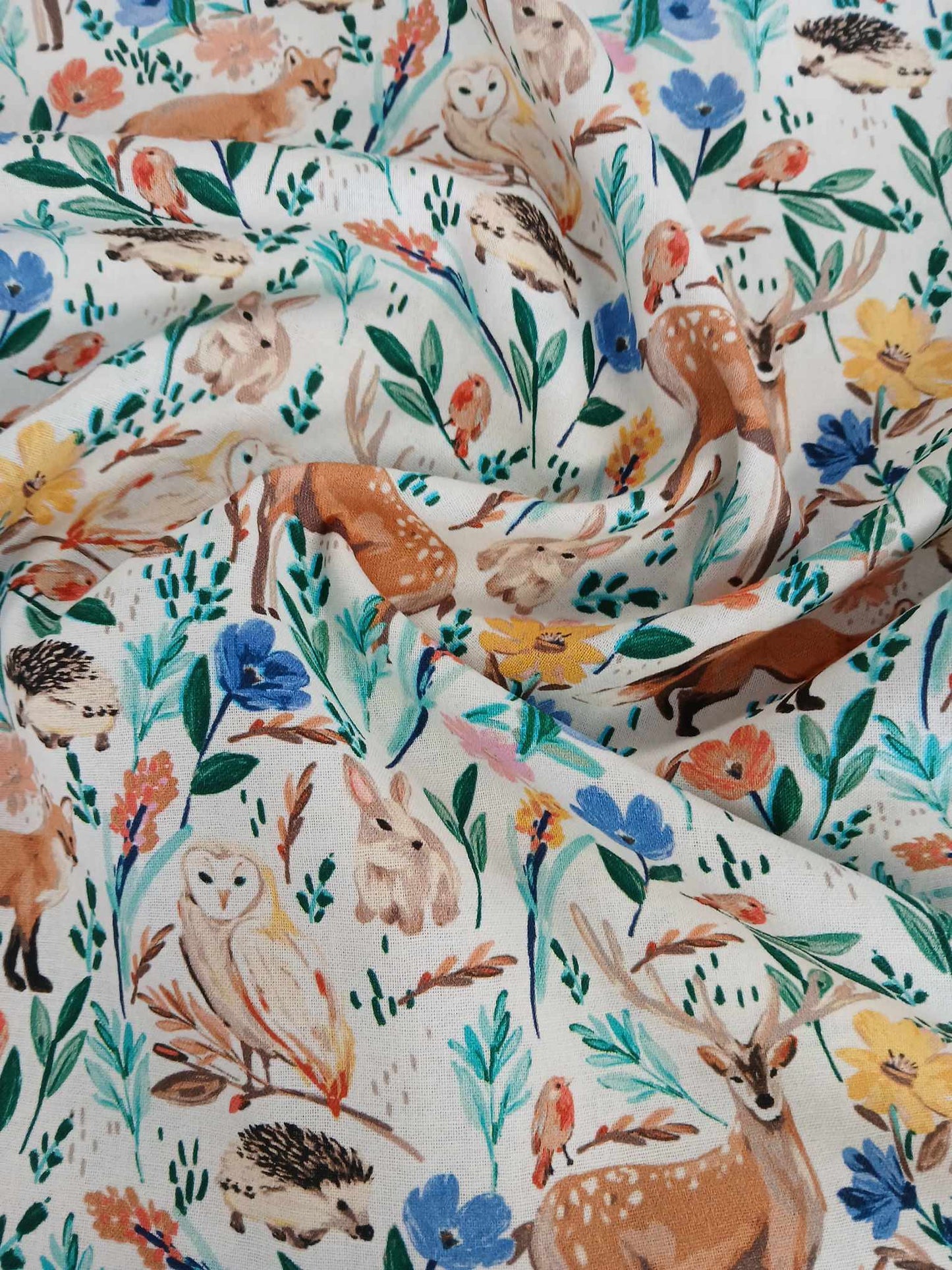 100% Cotton - Woodland Animals - Green/Brown/Yellow/Blue - 44" Wide - Sold By The Metre