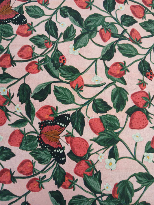 100% Cotton - Strawberries - Pink/Green/Red - 44" Wide - Sold By The Metre