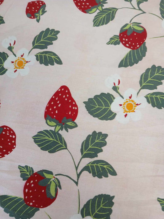100% Cotton - Strawberries - Pink/Red/Green - 44" Wide - Sold By The Metre
