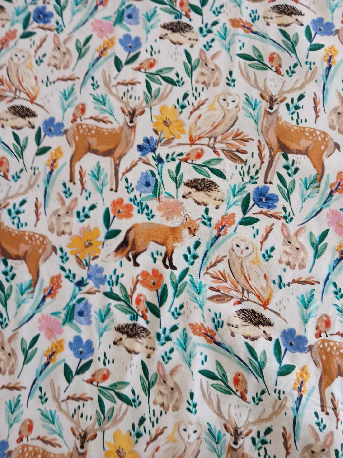 100% Cotton - Woodland Animals - Green/Brown/Yellow/Blue - 44" Wide - Sold By The Metre