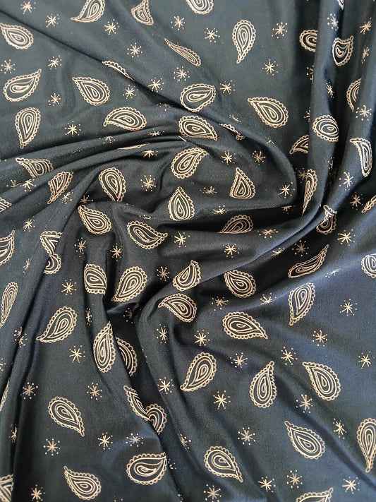 Poly Jersey Lycra - Paisley - Black/Cream - 57" Wide - Sold By the Metre