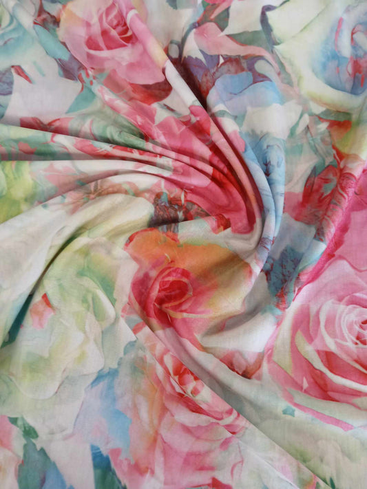 Spun Poly Jersey - Floral - Pink/Blue/Green - 57" Wide - Sold By the Metre