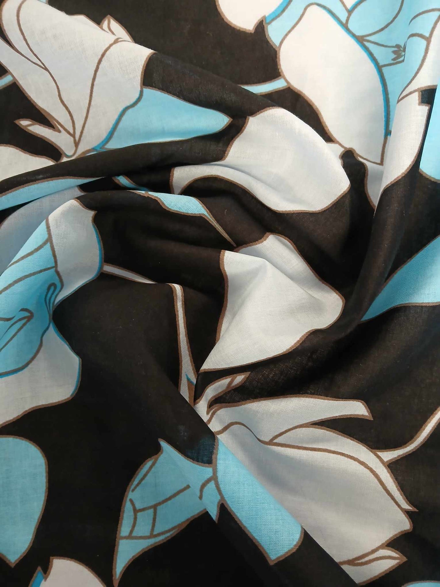 100% Cotton Voile - Floral - Blue/Black/White - 57" Wide - Sold By the Metre