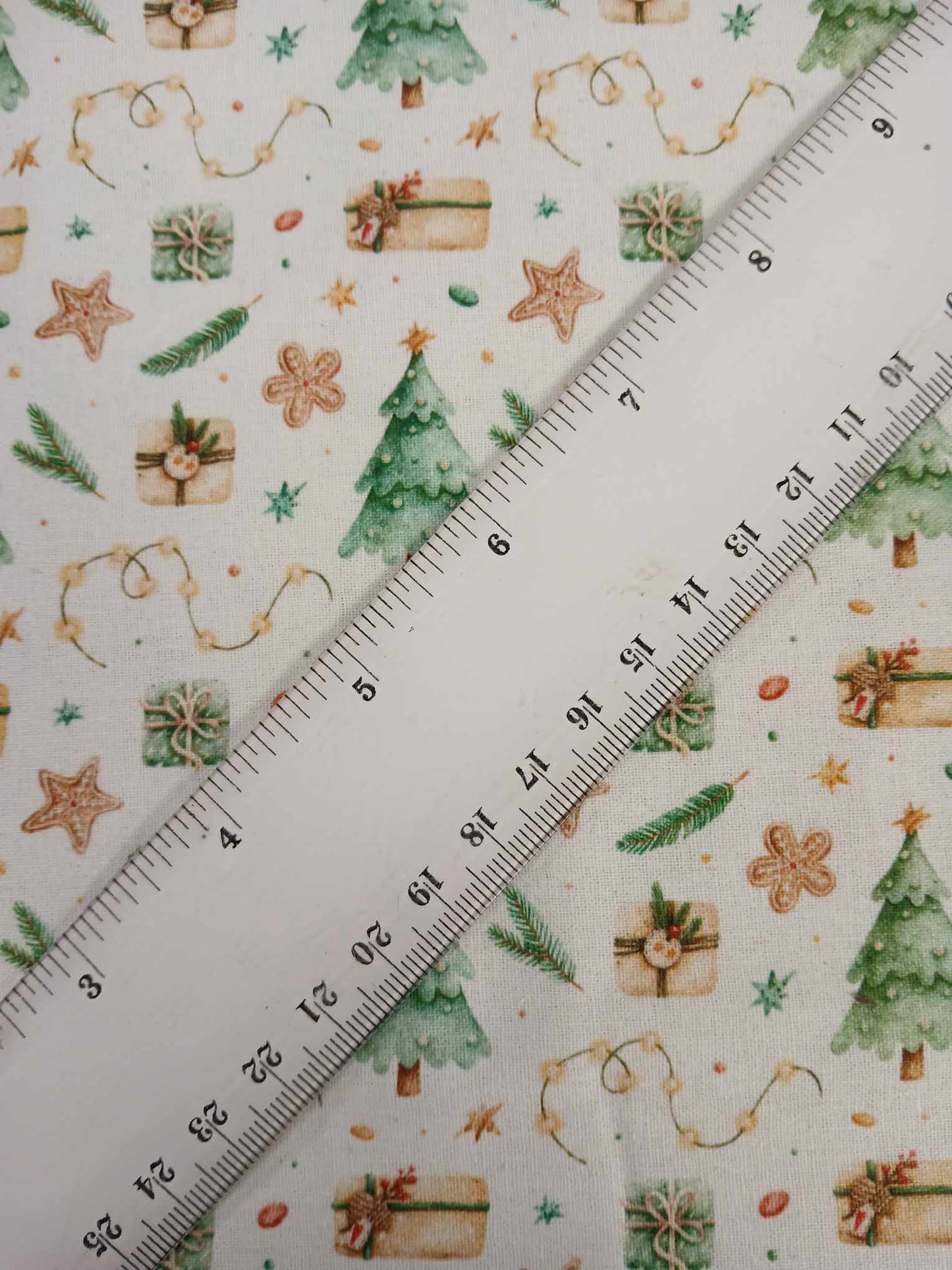 100% Christmas Cotton - White/Green/Brown - 44" Wide - Sold By the Metre