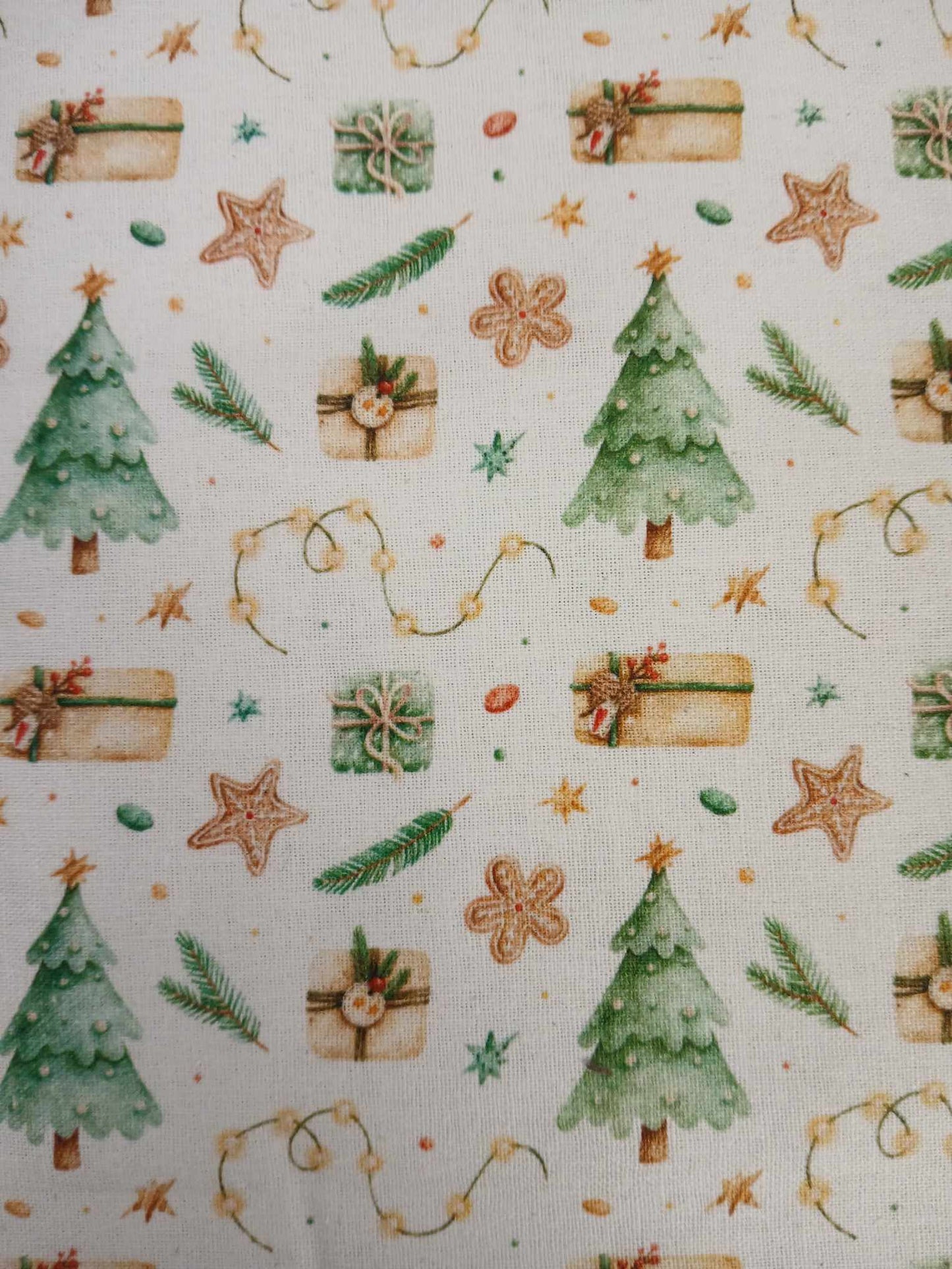 100% Christmas Cotton - White/Green/Brown - 44" Wide - Sold By the Metre