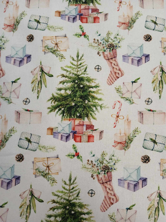 100% Christmas Cotton - White/Green/Pink/Purple - 44" Wide - Sold By the Metre