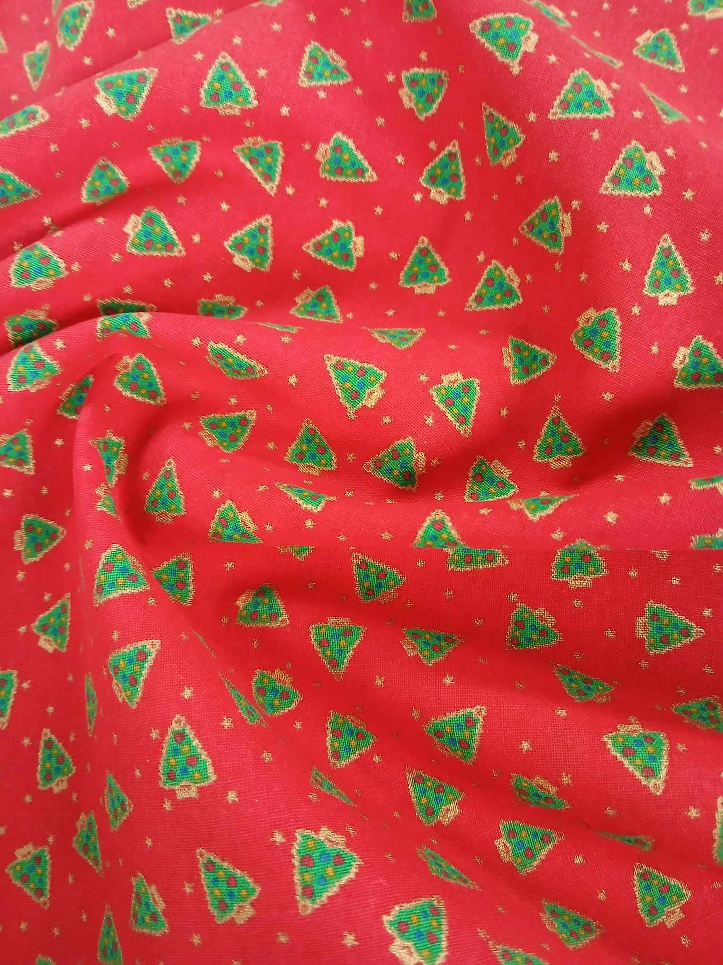 100% Cotton - Christmas Trees - Red/Green/Gold - 44" Wide - Sold By the Metre