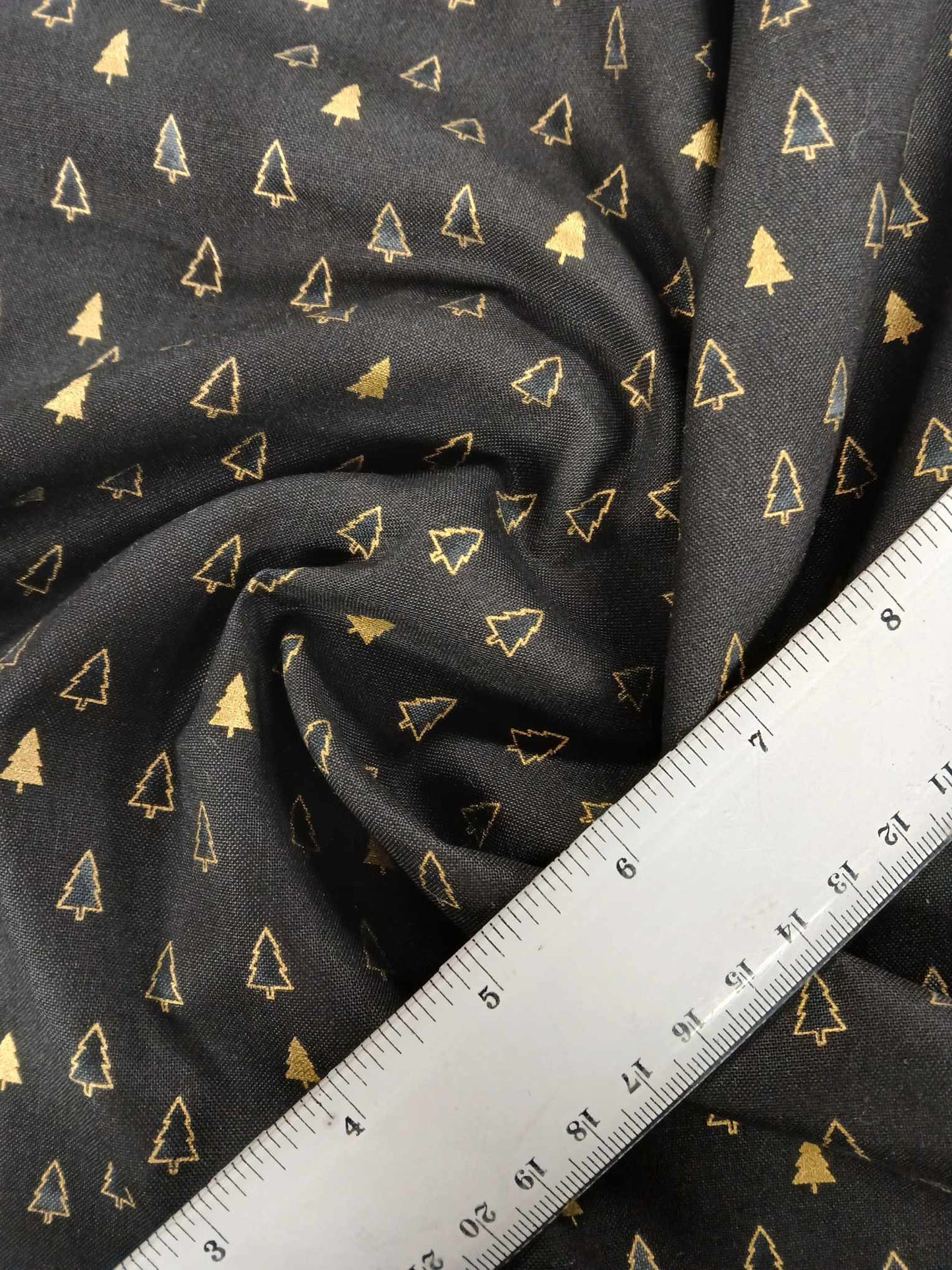 100% Cotton - Christmas Trees - Black/Gold - 44" Wide - Sold By the Metre