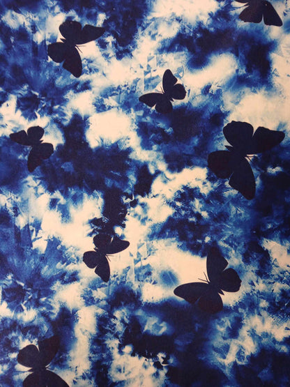 Poly Lycra - Blue/White - Butterflies - 57" Wide - Sold By the Metre