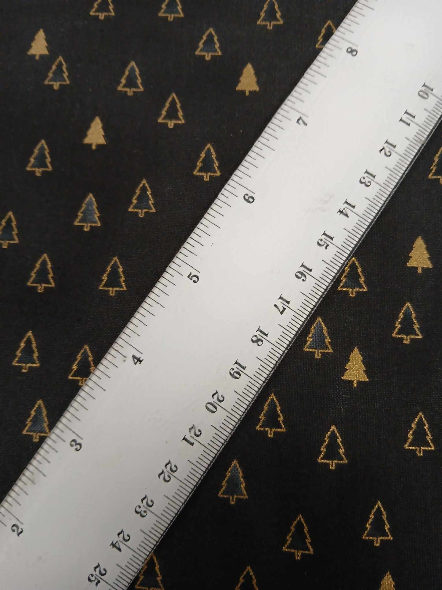 100% Cotton - Christmas Trees - Black/Gold - 44" Wide - Sold By the Metre