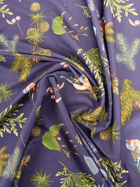 Spun Poly Lycra - Birds - Navy/Green - 58" Wide - Sold By the Metre