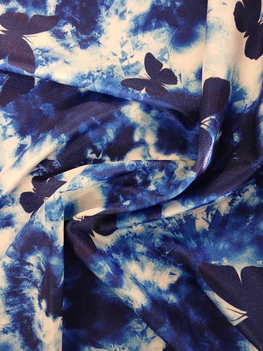 Poly Lycra - Blue/White - Butterflies - 57" Wide - Sold By the Metre