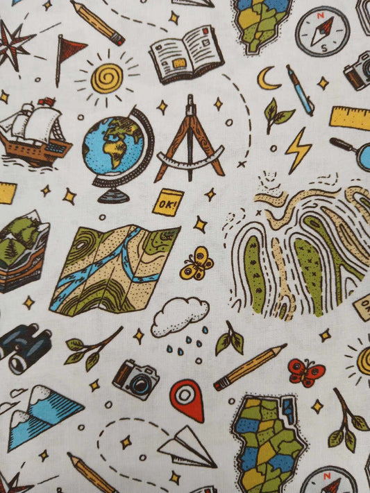 100% Cotton - School Days - White/Green/Yellow/Black - 54" Wide - Sold By the Metre