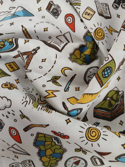 100% Cotton - School Days - White/Green/Yellow/Black - 54" Wide - Sold By the Metre