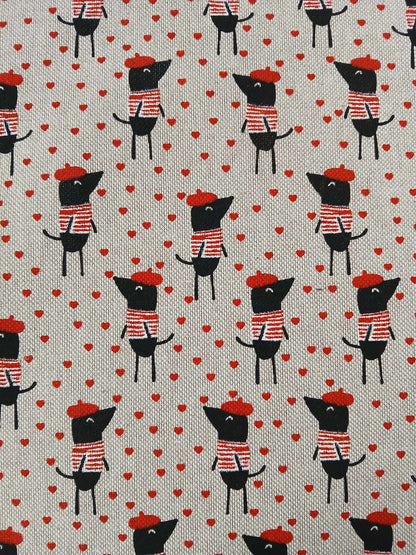 Linen Look - Mouse/Hearts - Sand/Black/Red - 56" Wide - Sold By the Metre