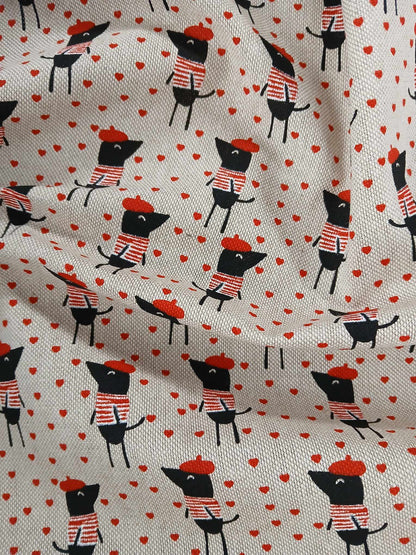 Linen Look - Mouse/Hearts - Sand/Black/Red - 56" Wide - Sold By the Metre