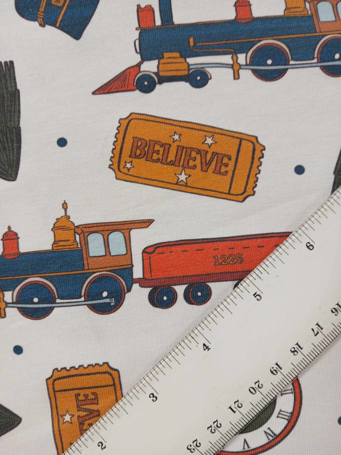 95% Cotton 5% Lycra Jersey - Trains - White/Blue/Orange/Green/Red - 63" Wide - Sold By the Metre