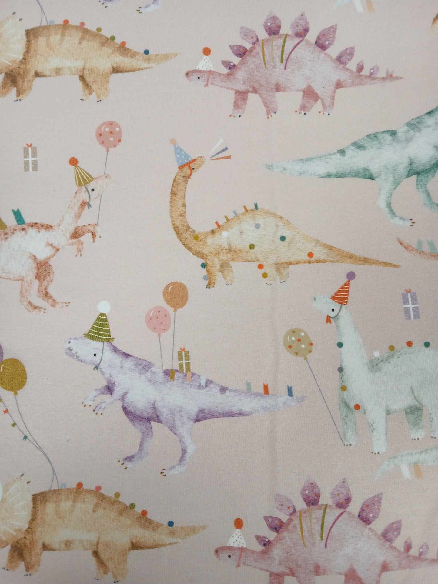 Clearance - 95% Cotton 5% Lycra Jersey - Dinosaurs - Pink/Purple/Green/White - 62" Wide - Sold As A 4.5 Metre Piece